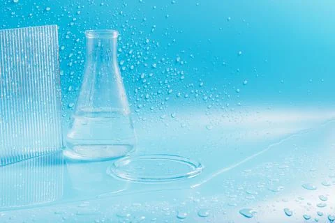 Empty podium with glass labware, flask bowl platform. Research and development Stock Photos