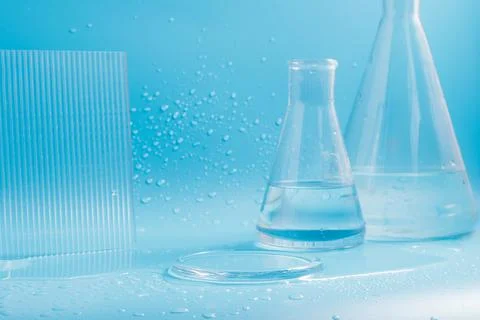 Empty podium with glass labware, flask bowl platform. Research and development Stock Photos