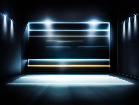 Empty podium with glowing neon frame for product presentation. 3D rendering Stock Illustration