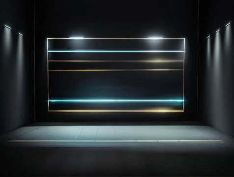 Empty podium with glowing neon frame for product presentation. 3D rendering Illustrazione stock