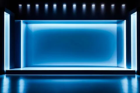 Empty podium with glowing neon frame for product presentation. 3D rendering Illustrazione stock