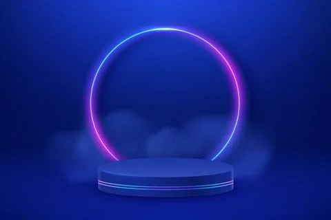 Empty podium with line gradient neon ring. Abstract scene with pink and blue Stock Illustration