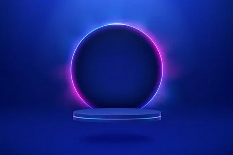 Empty podium with line gradient neon ring. Sci-fi abstract scene with pink an Stock Illustration