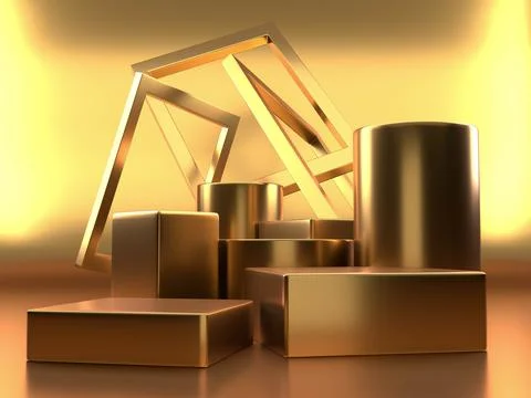 Empty podium or pedestal display on gold background with box stand concept. P 스톡 일러스트