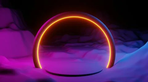 Empty podium with orange neon ring with pink and blue smoothed natural relief Stock Illustration