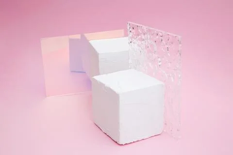 Empty podium for product display. Cube white scene pedestal with glass on pin Stock Photos