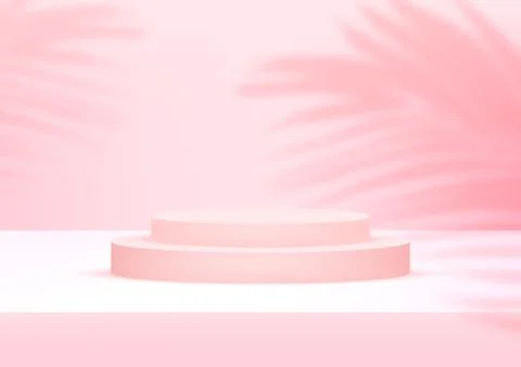 Empty podium studio pink background with palm leaves for product display. Sho Stock-Illustration