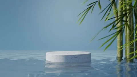 Empty podium with water waves, bamboo leaves and blue background Stock Footage 297264033