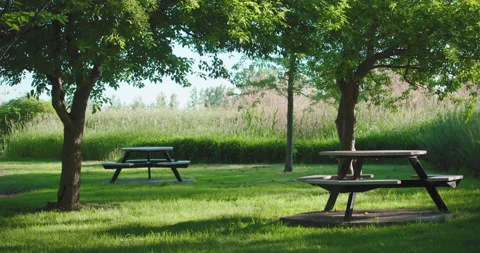 Empty polygon shape tables at park Stock Footage 130993193