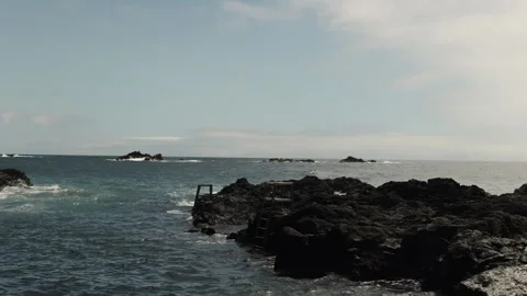 Empty Ponta da Ferraria at High Tide. Left Pan Shot. Ginetes,Sao Miguel. Stock Footage 240440529
