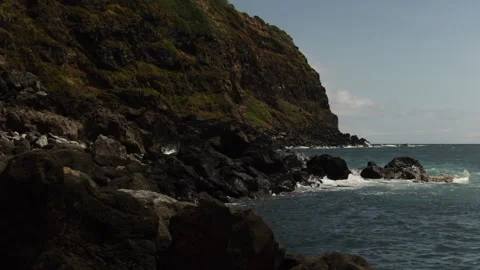 Empty Ponta da Ferraria at High Tide. Right Pan Shot. Ginetes,Sao Miguel. Stock Footage 240440548