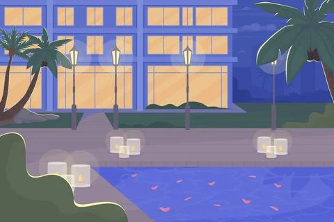 Empty poolside with romantic decor in evening flat color vector illustration Stock Illustration