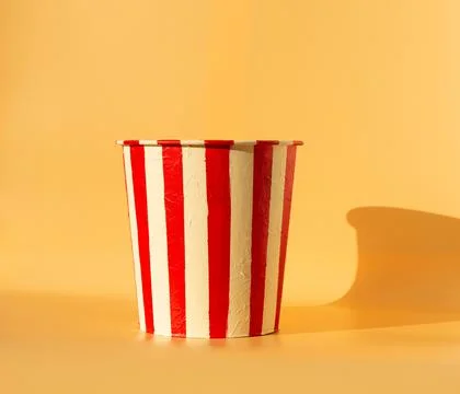 Empty popcorn bucket on an orange background. Stock Photos