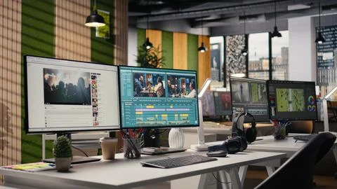 Empty post production office with professional editing setup on PC computer Foto stock
