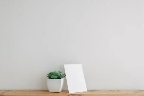 Empty postcard mockup with cactus pot on white wall. Stockfoto's