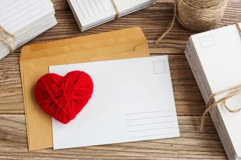 Empty postcard, postcrossing, Red heart love letter Stock Photos