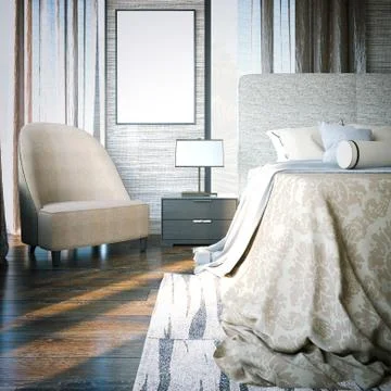 Empty poster in the bedroom. 3d rendering Foto stock