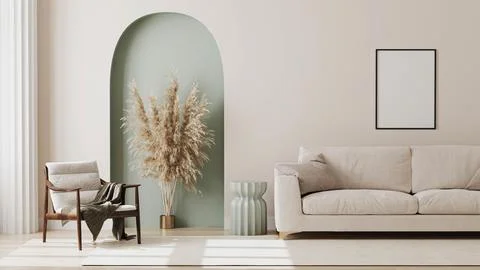 Empty poster frame on beige wall in living room interior with modern furnit.. Stock Illustration
