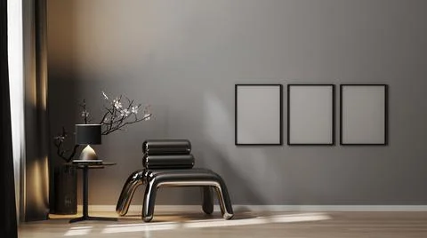 Empty poster frame on gray wall in luxury interior background in dark tones w Stock Illustration