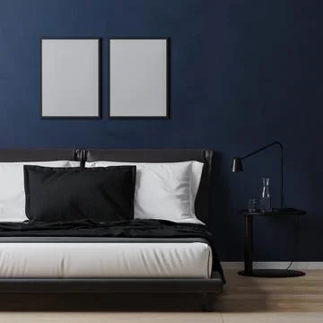 Empty poster frame mock up on dark blue wall with bed with white and blue pil Stock Illustration