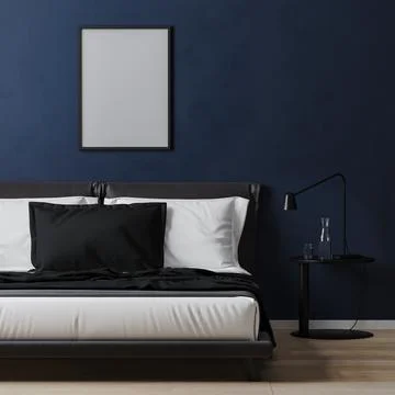Empty poster frame mock up on dark blue wall with bed with white and blue pil Stock Illustration