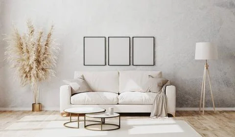 Empty poster frames in bright contemporary living room mockup with decorat... Foto stock