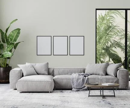 Empty poster frames in living room interior mock up in gray tones with tropic Illustrazione stock