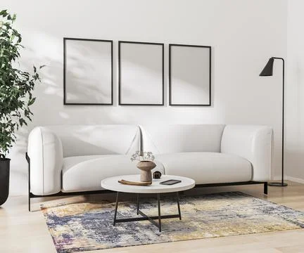 Empty poster frames mock up in home interior on white wall, 3d rendering Illustrazione stock