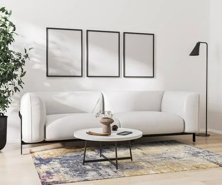 Empty poster frames mock up in home interior on white wall, 3d rendering e... 스톡 사진