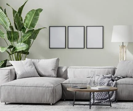Empty poster frames in modern room with gray sofa and coffee table and tropic Stock Illustration