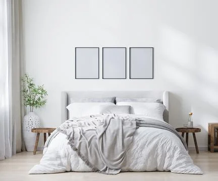 Empty poster frames in scandinavian style bedroom interior, home interior, 3d Illustrazione stock