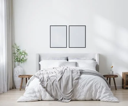 Empty poster frames in scandinavian style bedroom interior, home interior, 3d Illustrazione stock