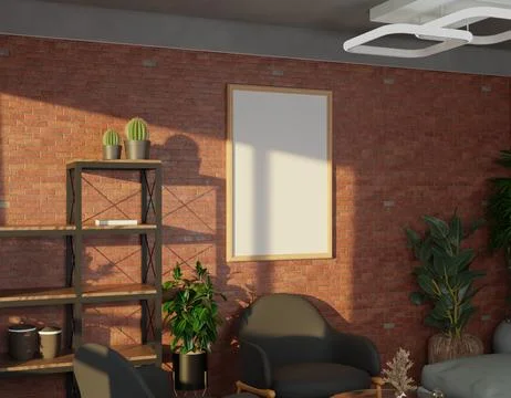 Empty poster in a modern, industrial-style room with brick walls, plants, a.. Stock Illustration