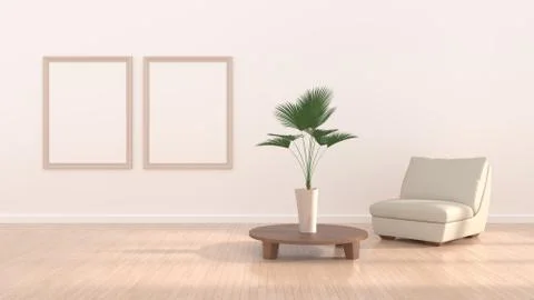 Empty posters frames mock up in beige interior, illuminated by light from the Stock Illustration