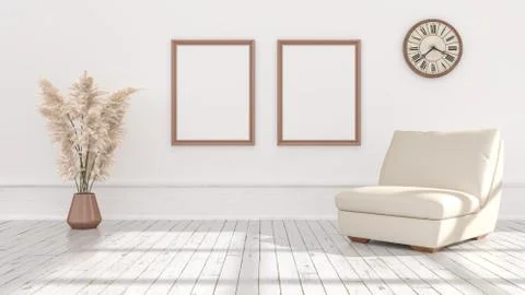 Empty posters frames mock up in beige interior, illuminated by light from the Stock Illustration
