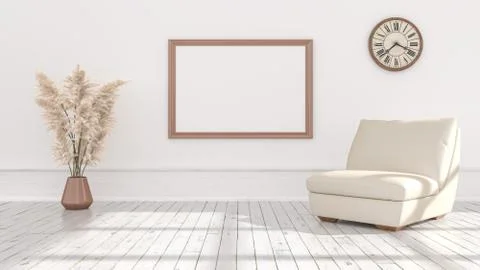 Empty posters frames mock up in beige interior, illuminated by light from the Stock Illustration