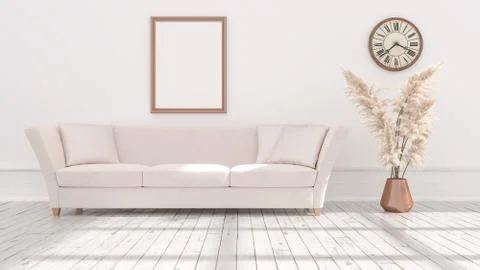 Empty posters frames mock up in beige interior, illuminated by light from the Stock Illustration