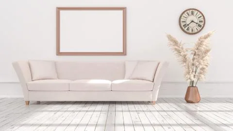 Empty posters frames mock up in beige interior, illuminated by light from the イラスト素材