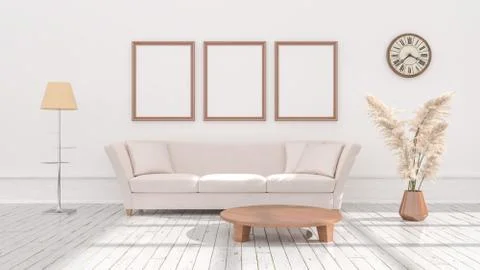 Empty posters frames mock up in beige interior, illuminated by light from the Stock Illustration