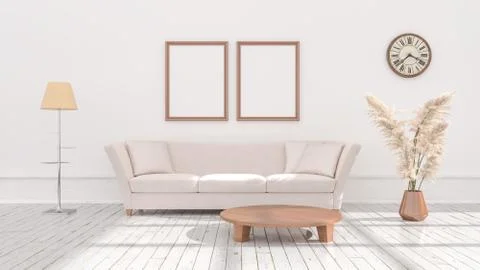 Empty posters frames mock up in beige interior, illuminated by light from the Illustrazione stock