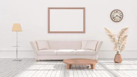 Empty posters frames mock up in beige interior, illuminated by light from the Illustrazione stock