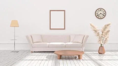 Empty posters frames mock up in beige interior, illuminated by light from the Illustrazione stock