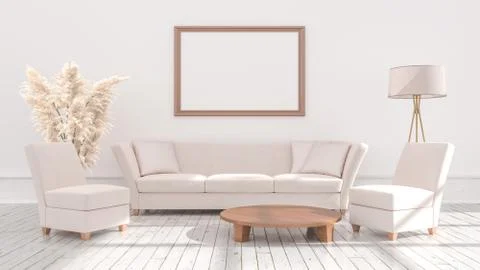 Empty posters frames mock up in beige interior, illuminated by light from the Stock Illustration