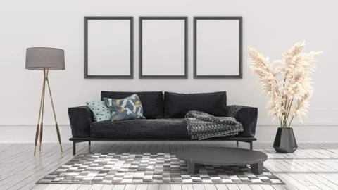 Empty posters frames mock up in white interior, illuminated by light from the Illustrazione stock