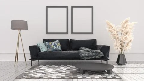 Empty posters frames mock up in white interior, illuminated by light from the Stock Illustration