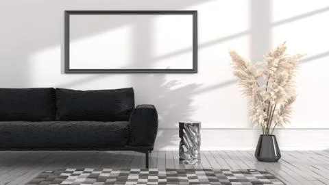 Empty posters frames mock up in white interior, illuminated by light from the Illustrazione stock