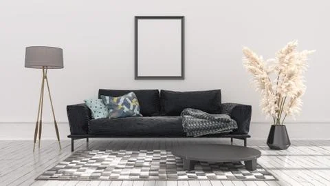 Empty posters frames mock up in white interior, illuminated by light from the Stock Illustration