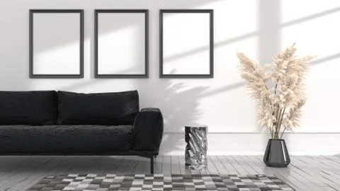 Empty posters frames mock up in white interior, illuminated by light from the Illustrazione stock
