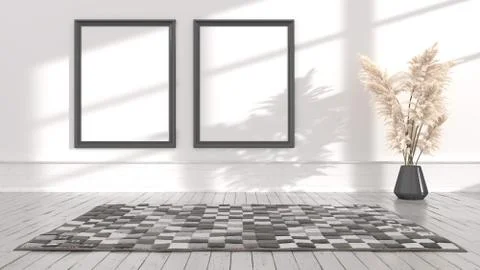 Empty posters frames mock up in white interior, illuminated by light from the Illustrazione stock