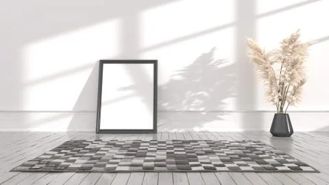 Empty posters frames mock up in white interior, illuminated by light from the Stock Illustration